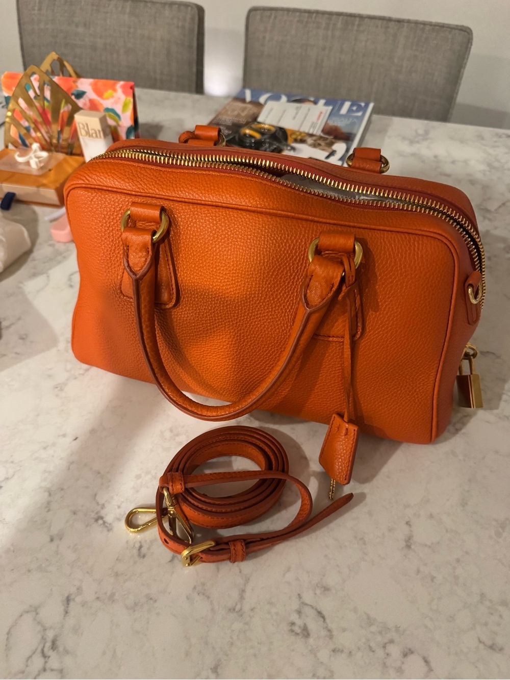 Prada Orange Leather Saffiano Satchel Crossbody Bag - Picture 3 of 7